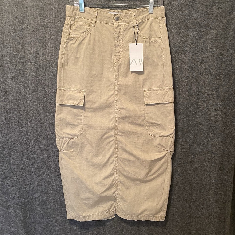 Zara Maxi Skirt Womens S Tag XS Beige Ripstop Cargo Utility Baggy Y2K‎ Gorpcore